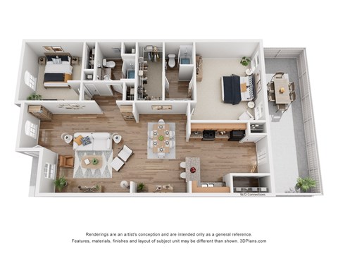 A 3D floor plan of a house with a kitchen, living room, and dining area.